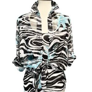 Sheer Black and White Striped Top w Blue Flowers by Impressions, 2 pc Set Size S